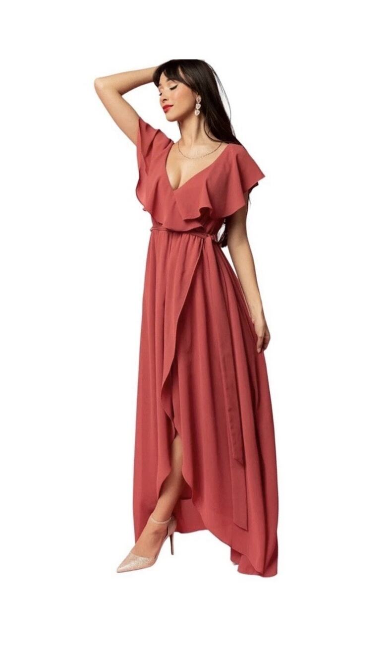 Baltic Born Katya Ruffle Maxi Dress Rosewood Size Sm Fall Bridesmaid Red Orange